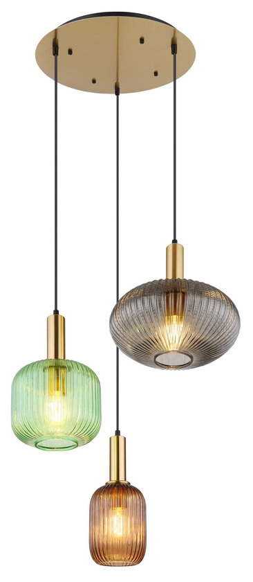 GLOBO Retrofit Pendelleuchte Normy messingfarbig mehrfarbig 55cm 130cm Metall Glas 3-flammig