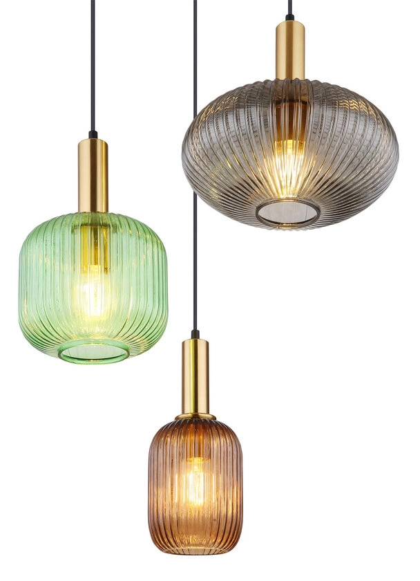 GLOBO Retrofit Pendelleuchte Normy messingfarbig mehrfarbig 55cm 130cm Metall Glas 3-flammig