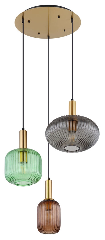 GLOBO Retrofit Pendelleuchte Normy messingfarbig mehrfarbig 55cm 130cm Metall Glas 3-flammig
