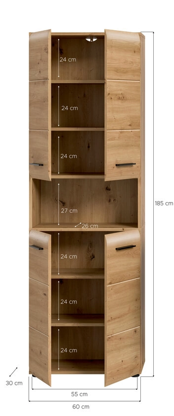 Hochschrank Bad Ice 185 x 60 x 30 cm Kunststoff melaminbeschichtet Artisan Oak/Schwarz