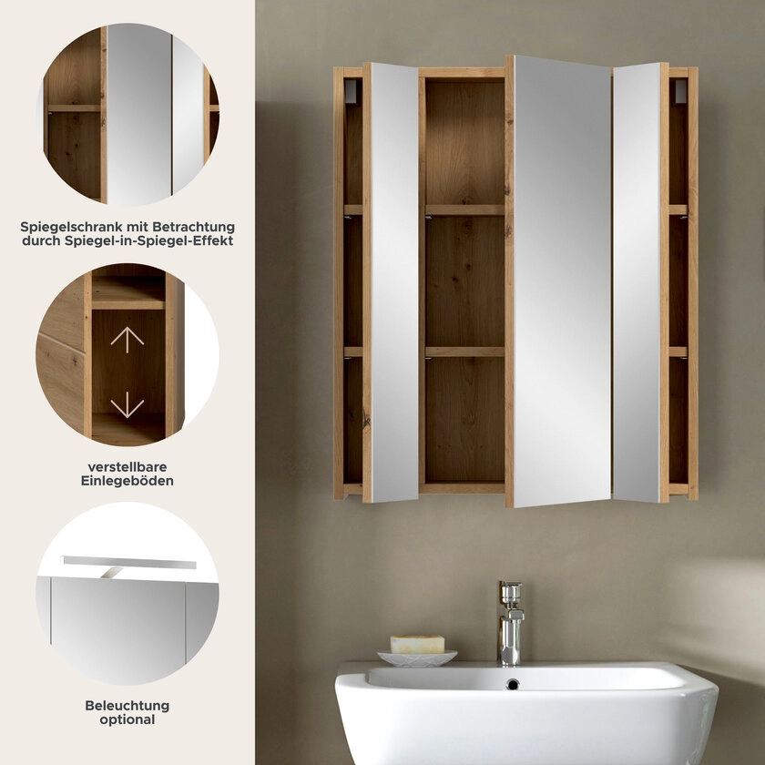 Bad Spiegelschrank Ice 3-türig 60 x 18 x 70 cm Braun