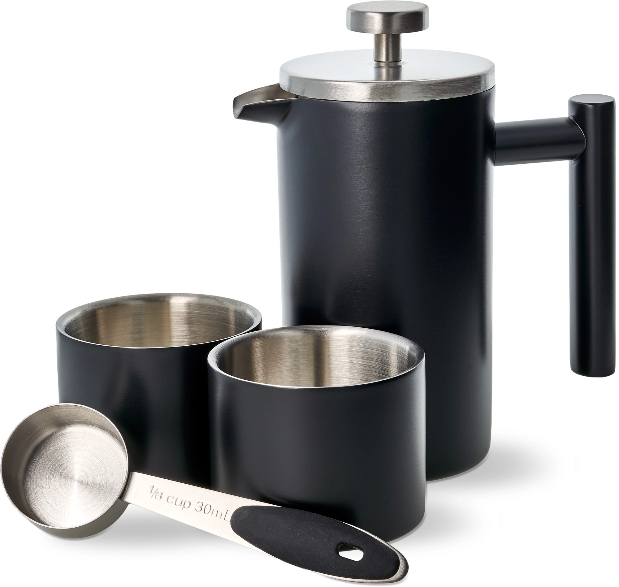 Kaffeebereiter-Set mit French Press, 2 Tassen und Löffel, Edelstahl, schwarz