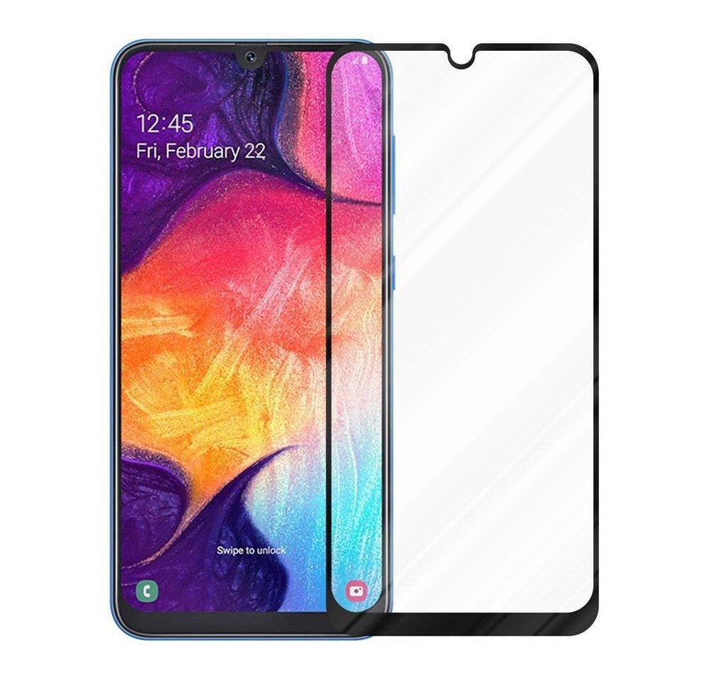Cadorabo Vollbild Panzer Folie für Samsung Galaxy A50 Schutzfolie in TRANSPARENT mit SCHWARZ Gehärtetes (Tempered) Display-Schutzglas in 9H Härte mit 3D Touch Kompatibilität