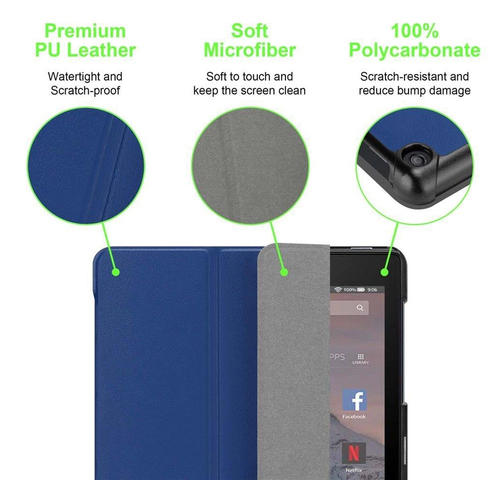 Cadorabo Tablet Hülle für Kindle Fire HD 10 2017 (7. Gen.) in JERSEY DUNKEL BLAU Ultra Dünne Book Style Schutzhülle mit Auto Wake Up und Standfunktion aus Kunstleder