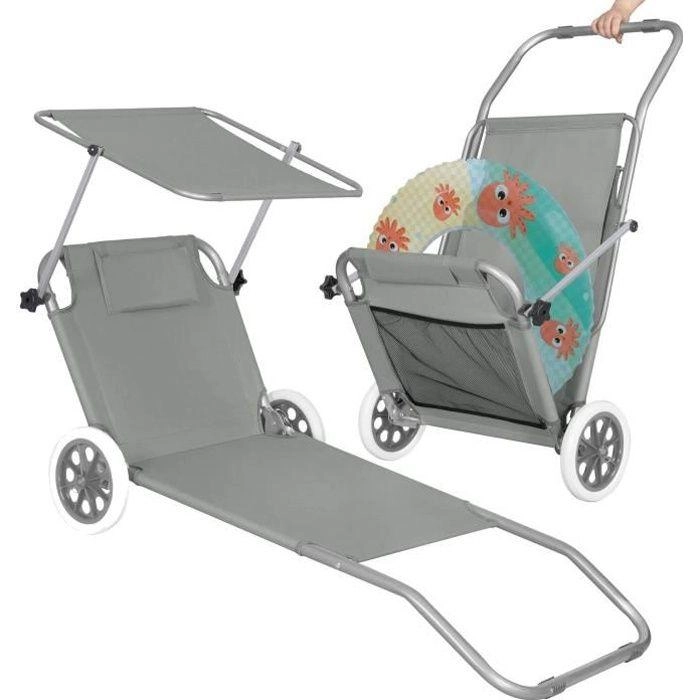 Chaiselongue - SPRINGOS - Neigbar - Appui-tête - Roues en caoutchouc - Pare-soleil - Gris grau