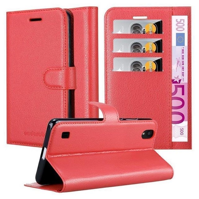 Cadorabo Hülle für ZTE Blade A5 2019 in KARMIN ROT Handyhülle mit Magnetverschluss, Standfunktion und Kartenfach Case Cover Schutzhülle Etui Tasche Book Klapp Style