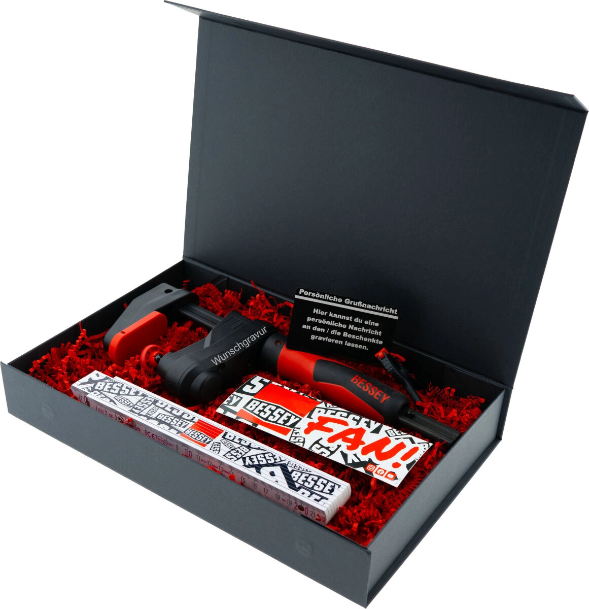 BESSEY Geschenkbox Gearklamp GK15 mit Gravur inkl. Clippix XC1 Federzwinge & Zollstock | Exklusives personalisiertes Handwerker Geschenk