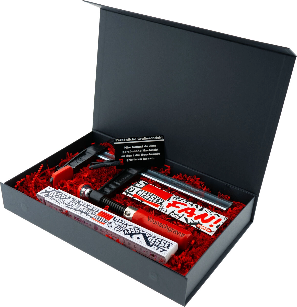 BESSEY Geschenkbox Schraubzwinge TG20 mit Gravur inkl. Clippix XC1 Federzwinge & Zollstock | Exklusives personalisiertes Handwerker Geschenk