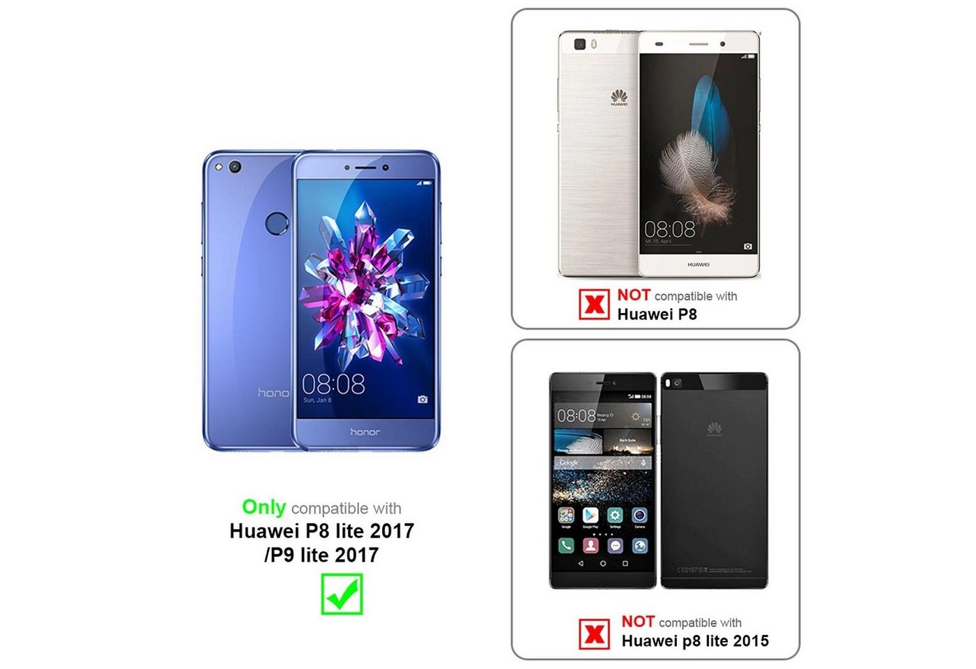 Cadorabo 3x Vollbild Panzer Folie für Huawei P8 LITE 2017 Schutzfolie in TRANSPARENT mit SCHWARZ 3er Pack Gehärtetes (Tempered) Display-Schutzglas in 9H Härte mit 3D Touch