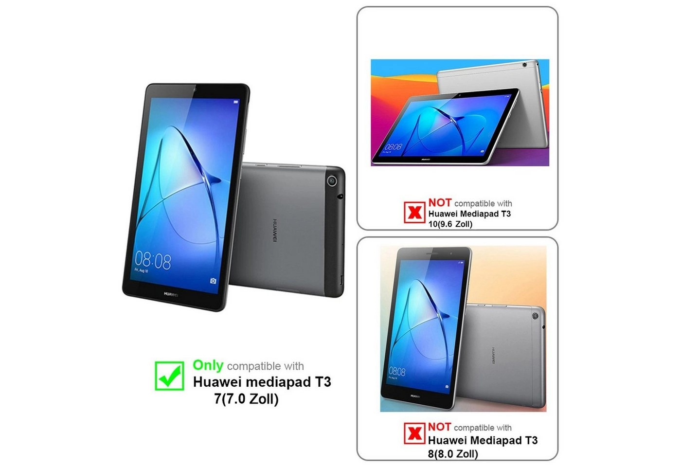 Cadorabo 3x Panzer Folie für Huawei MediaPad T3 7 (7.0" Zoll) Schutzfolie in KRISTALL KLAR 3er Pack Gehärtetes (Tempered) Display-Schutzglas in 9H Härte mit 3D Touch Kompatibilität