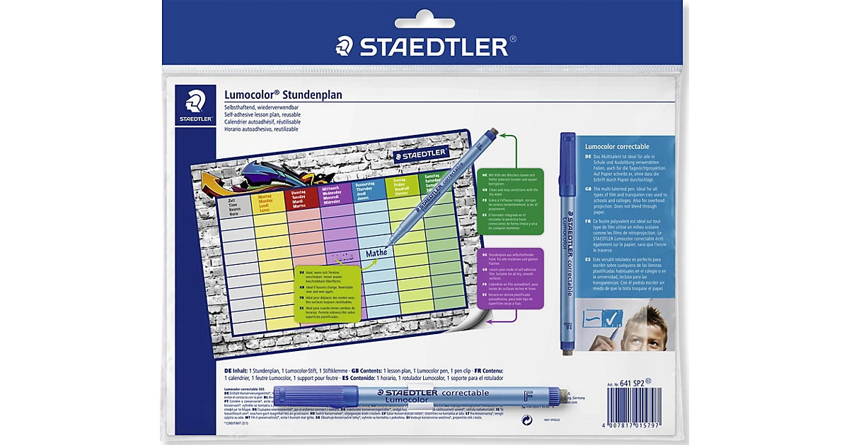 Staedtler Stundenplan Lumocolor bunt mit Stift und Stiftklemme, wiederverwendbar