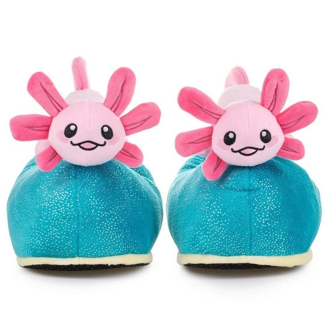 Corimori »Witizige Plüsch-Hausschuhe Axolotl "Beeps" für« Plüsch Hausschuhe für Kinder und Erwachsene, Blau Pink, EU Einheitsgr. 34-44,  Pantoffeln Slipper Schuhe - Witzige, lustige Tier-Hausschuhe, Jungen, Mädchen, Damen, Herren, Plüsch