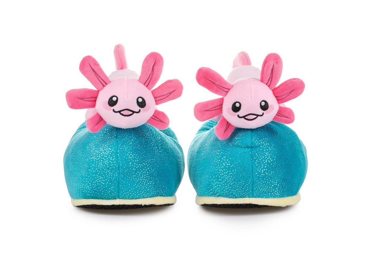 Corimori »Witizige Plüsch-Hausschuhe Axolotl "Beeps" für« Plüsch Hausschuhe für Kinder und Erwachsene, Blau Pink, EU Einheitsgr. 34-44,  Pantoffeln Slipper Schuhe - Witzige, lustige Tier-Hausschuhe, Jungen, Mädchen, Damen, Herren, Plüsch