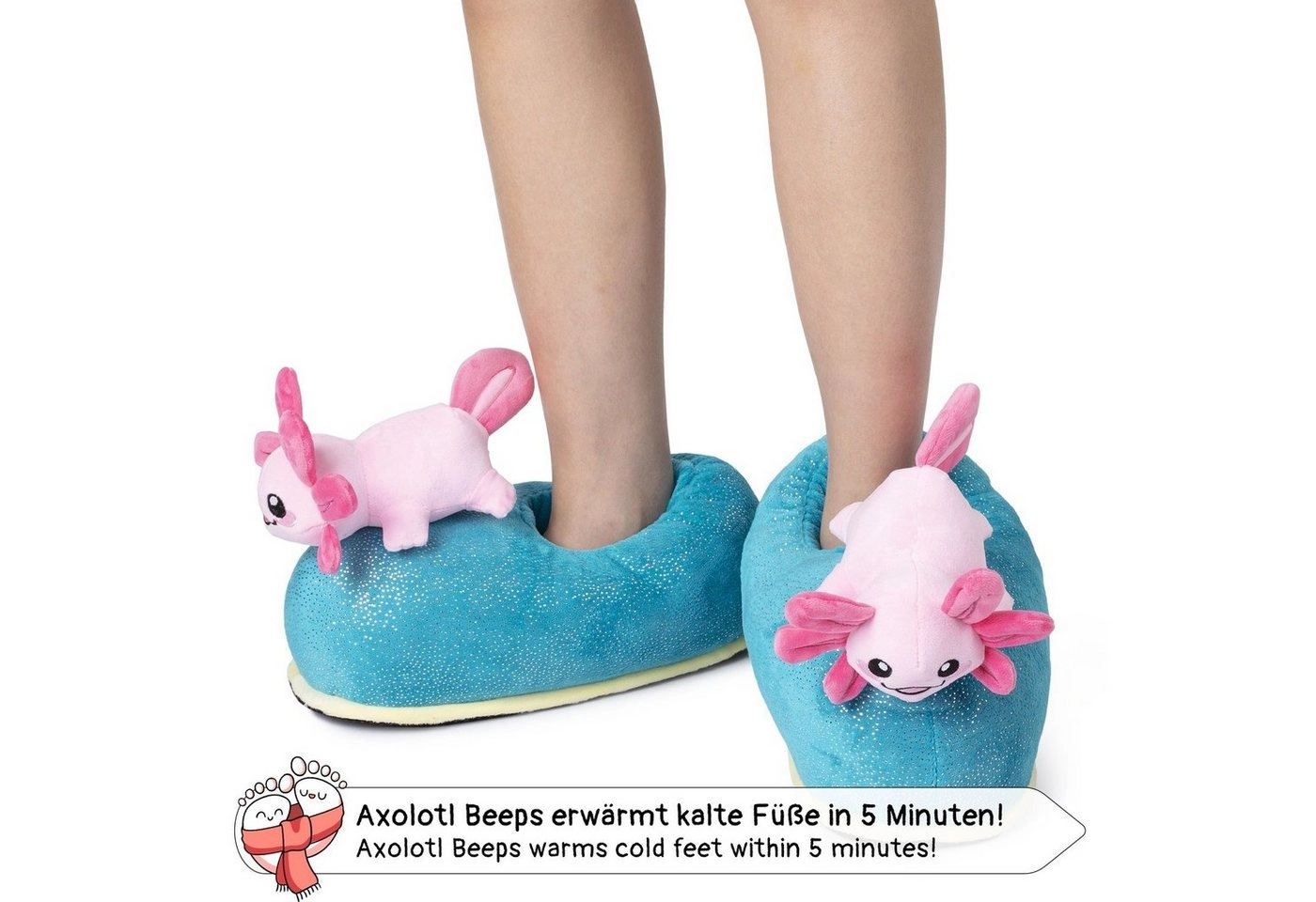 Corimori »Witizige Plüsch-Hausschuhe Axolotl "Beeps" für« Plüsch Hausschuhe für Kinder und Erwachsene, Blau Pink, EU Einheitsgr. 34-44,  Pantoffeln Slipper Schuhe - Witzige, lustige Tier-Hausschuhe, Jungen, Mädchen, Damen, Herren, Plüsch