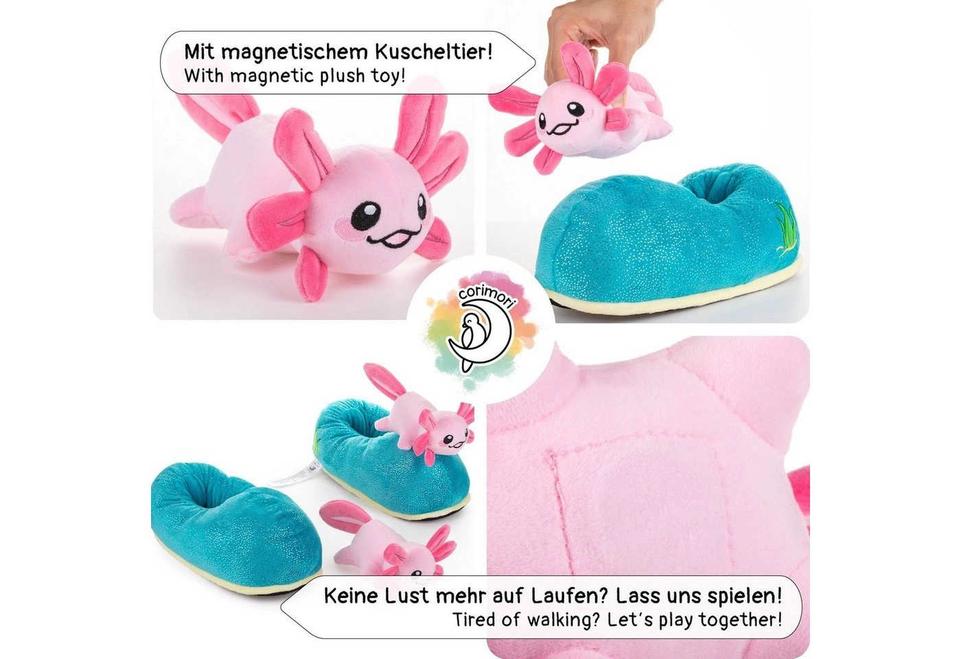 Corimori »Witizige Plüsch-Hausschuhe Axolotl "Beeps" für« Plüsch Hausschuhe für Kinder und Erwachsene, Blau Pink, EU Einheitsgr. 34-44,  Pantoffeln Slipper Schuhe - Witzige, lustige Tier-Hausschuhe, Jungen, Mädchen, Damen, Herren, Plüsch