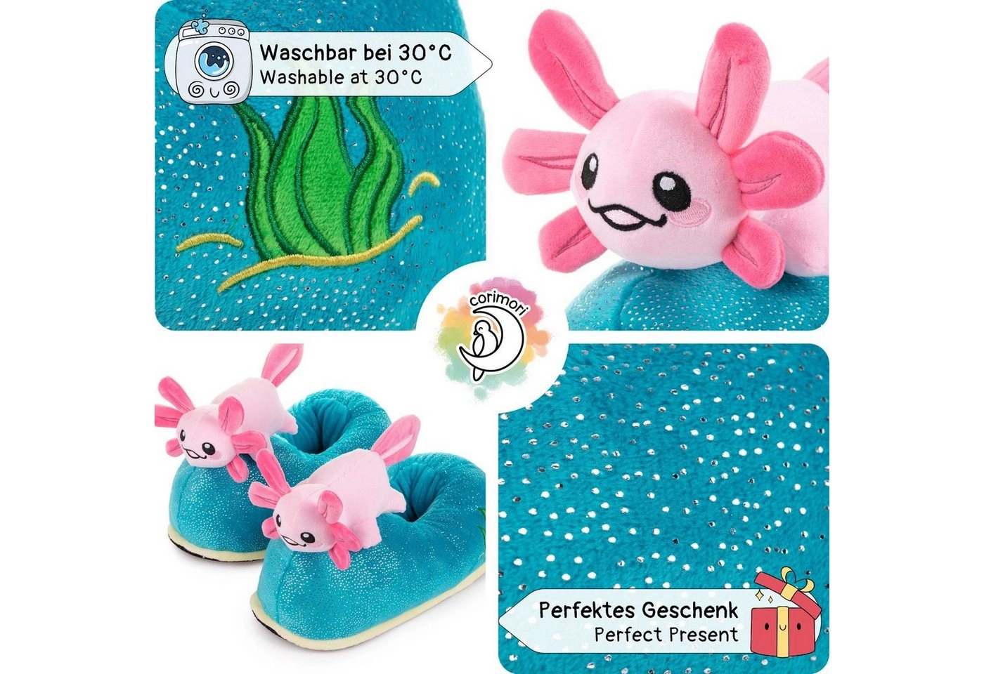 Corimori »Witizige Plüsch-Hausschuhe Axolotl "Beeps" für« Plüsch Hausschuhe für Kinder und Erwachsene, Blau Pink, EU Einheitsgr. 34-44,  Pantoffeln Slipper Schuhe - Witzige, lustige Tier-Hausschuhe, Jungen, Mädchen, Damen, Herren, Plüsch