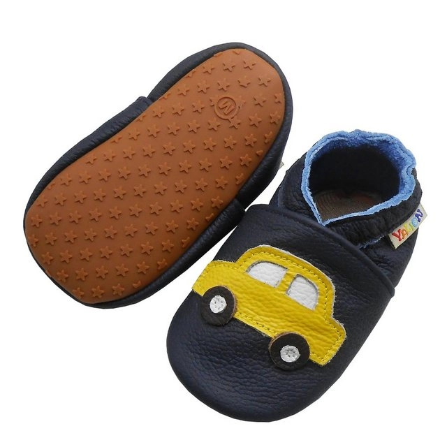 Yalion »Weiche Leder Lauflernschuhe Hausschuhe Lederpuschen Gelbes Auto Dunkelblau 100% Leder« Krabbelschuh elastisch