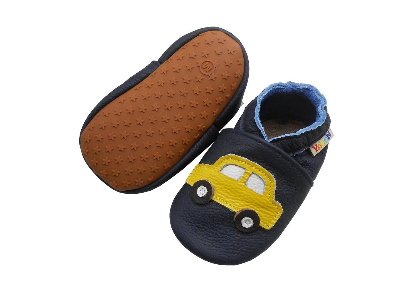 Yalion »Weiche Leder Lauflernschuhe Hausschuhe Lederpuschen Gelbes Auto Dunkelblau 100% Leder« Krabbelschuh elastisch