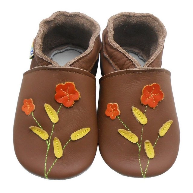 Yalion »Weiche Leder Lauflernschuhe Hausschuhe Lederpuschen Zwei-Blumen-Braun 100% Leder« Krabbelschuh