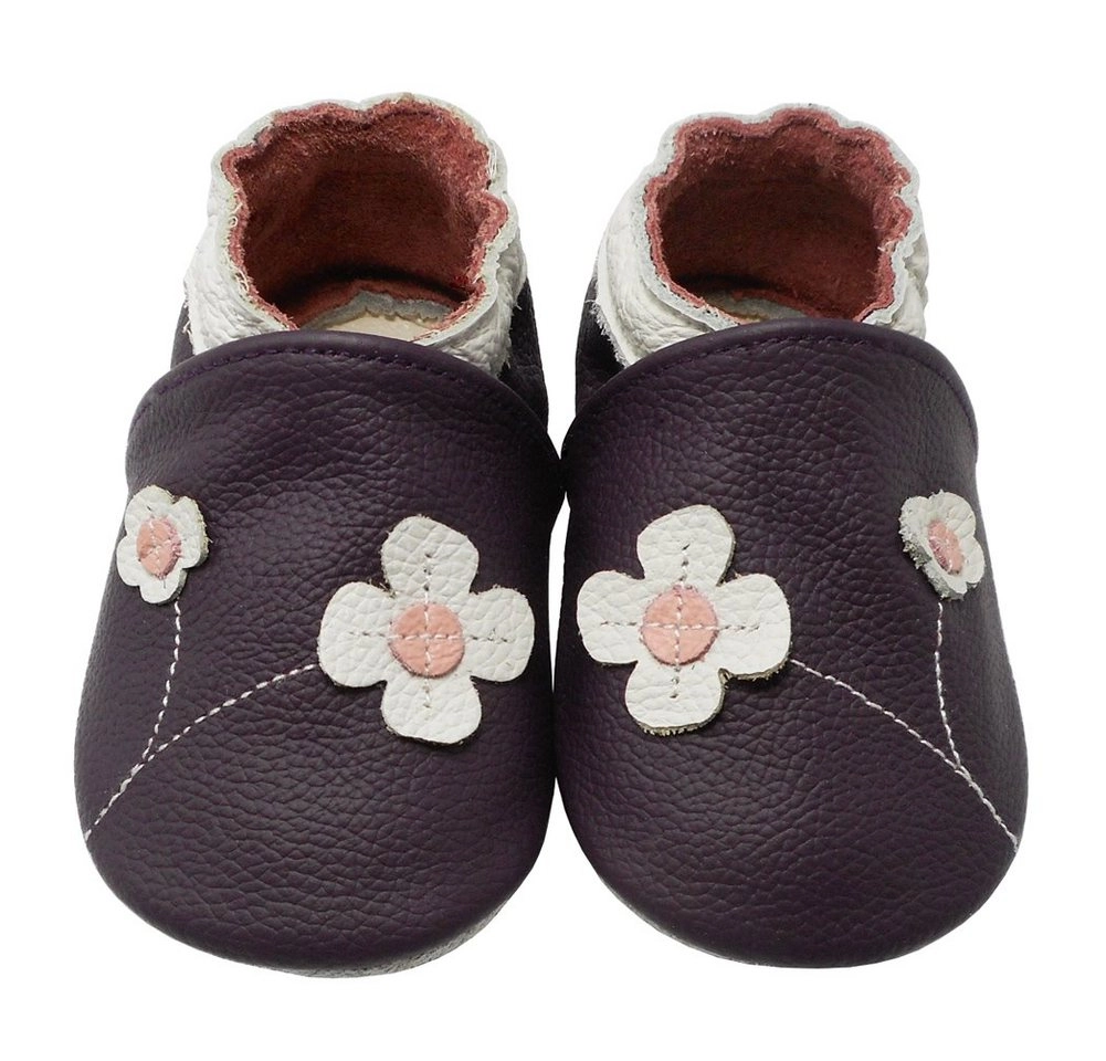 Yalion »Weiche Leder Lauflernschuhe Hausschuhe Lederpuschen 2-Blumen Lila 100% Leder« Krabbelschuh