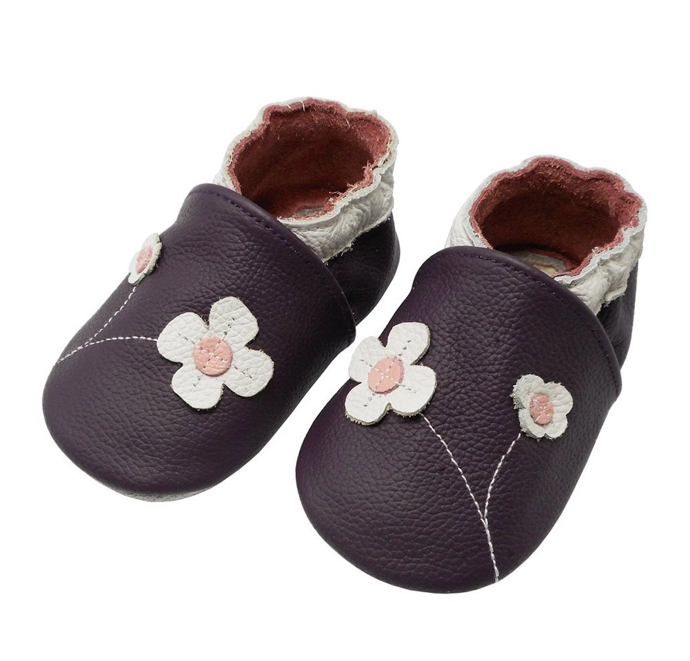 Yalion »Weiche Leder Lauflernschuhe Hausschuhe Lederpuschen 2-Blumen Lila 100% Leder« Krabbelschuh