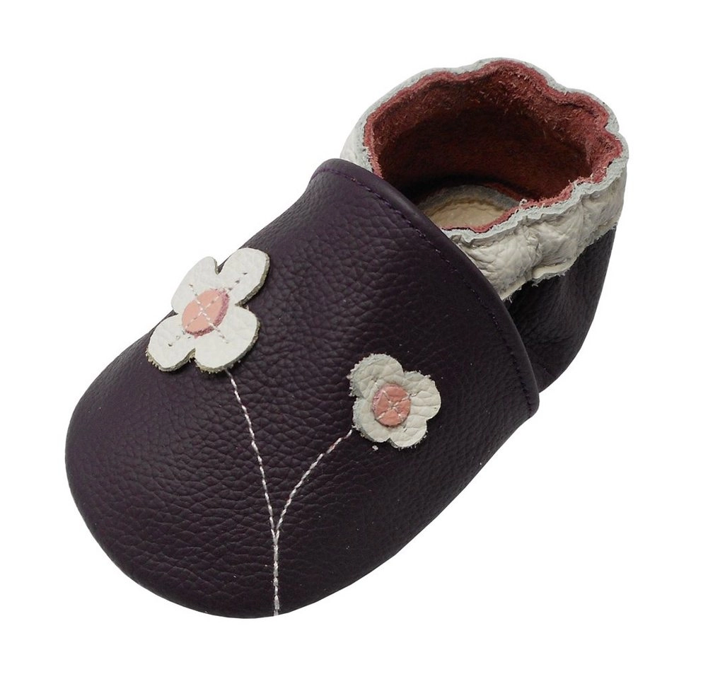 Yalion »Weiche Leder Lauflernschuhe Hausschuhe Lederpuschen 2-Blumen Lila 100% Leder« Krabbelschuh