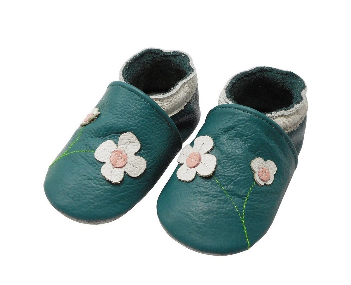 Yalion »Weiche Leder Krabbelschuhe Lauflernschuhe Hausschuhe Lederpuschen 2-Blumen Türkis 100% Leder« Krabbelschuh