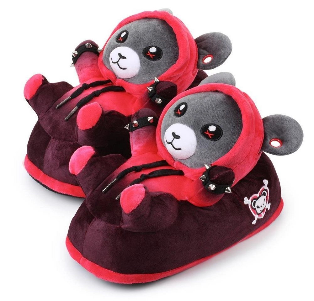 Corimori »Tier Pantoffeln für Erwachsene Einheitsgröße 34-44« Plüsch Hausschuhe Ember der Punk-Teddy schwarz-rot - Witzige, lustige Tier-Hausschuhe, Kinder, Erwachsene, Jungen, Mädchen, Damen, Herren, Plüsch